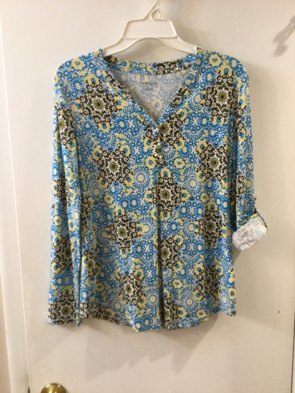 Relativity  Roll Up Sleeve Henley  Top  Cotton Rayon Knit Shirt  S Blue Yellow